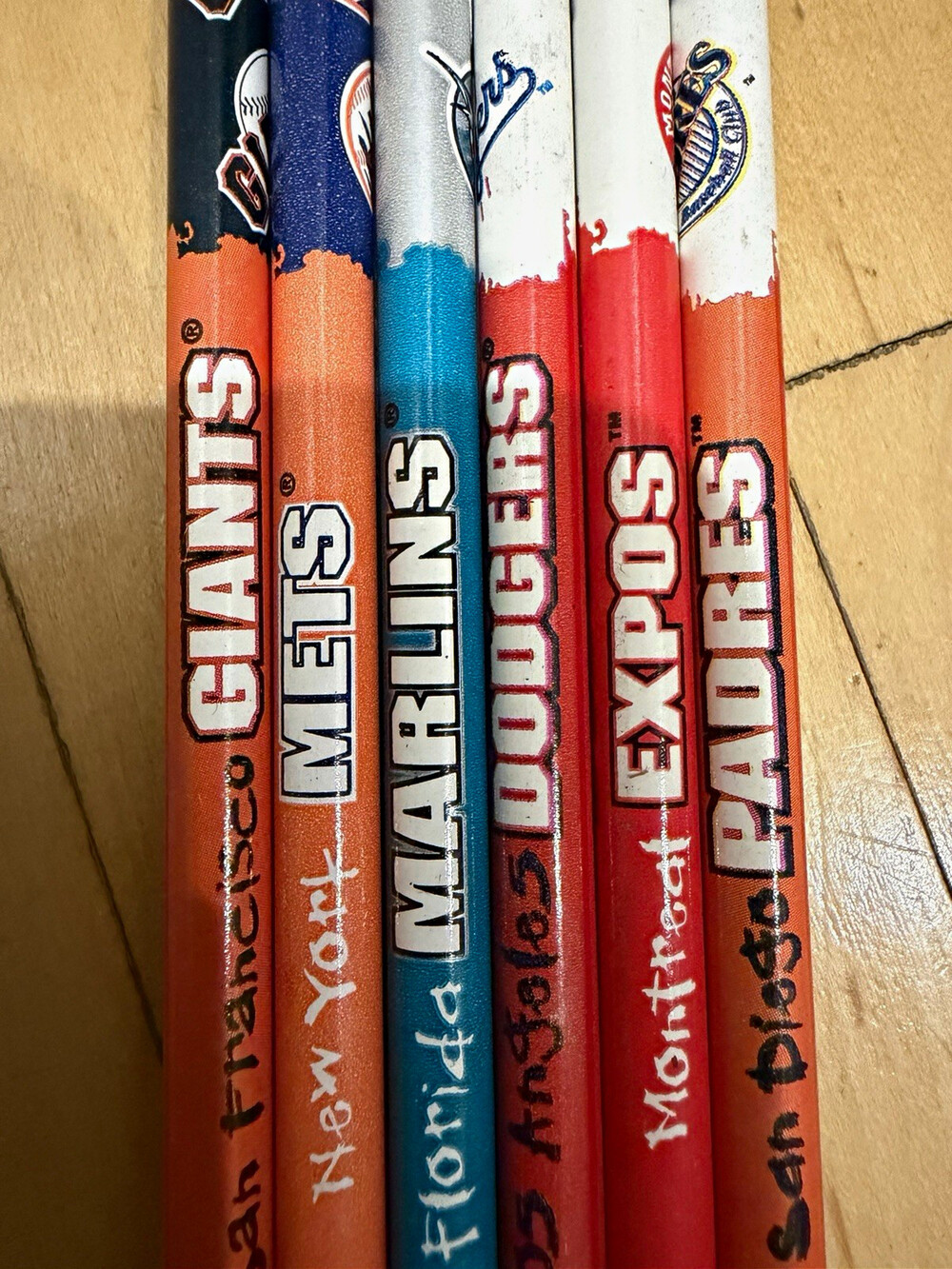 1990s MLB Team Logo Pencils Lot of 6 - Giants Mets Marlins Dodgers Expos Padres